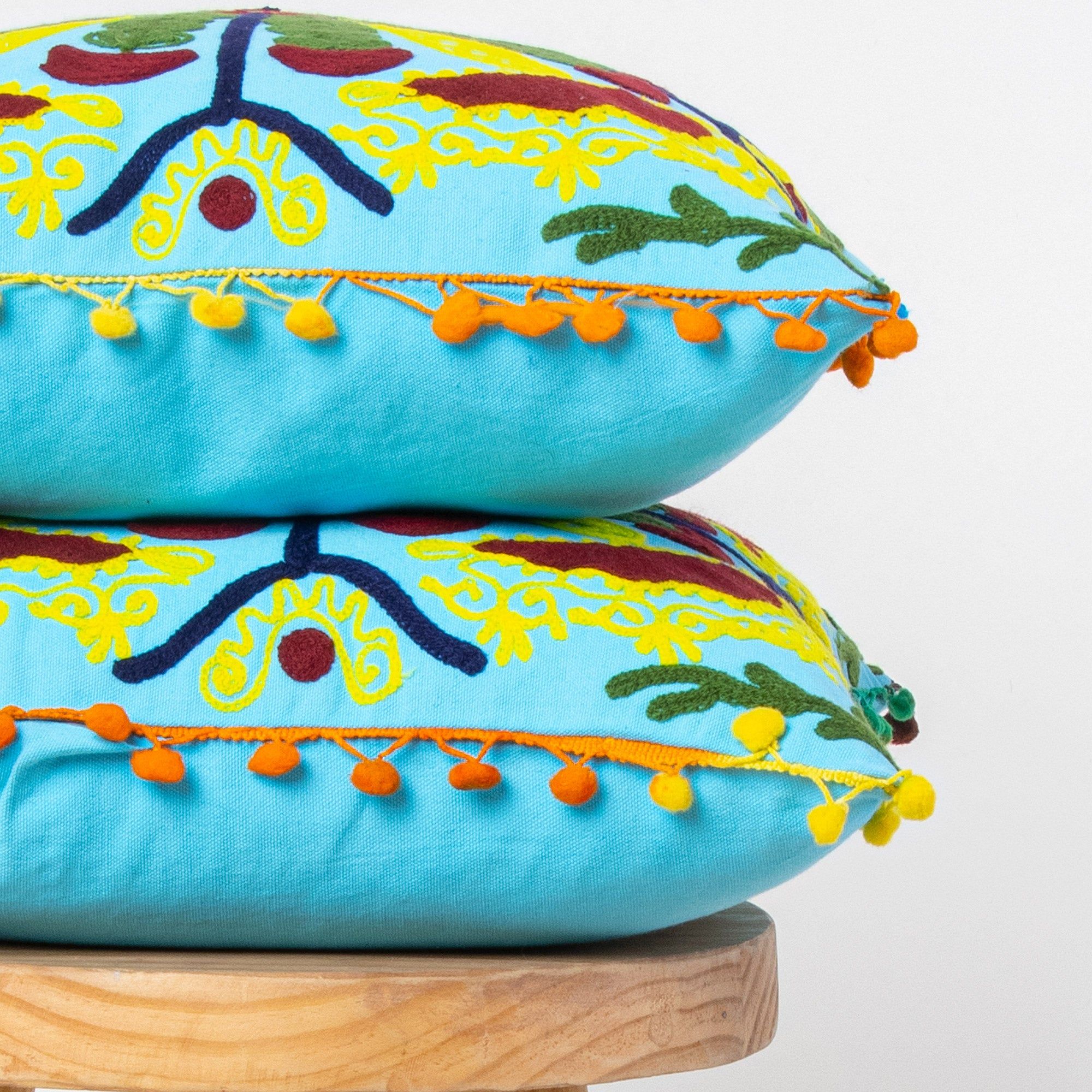 Sky Blue Cotton Embroidered Cushion Cover Best Design